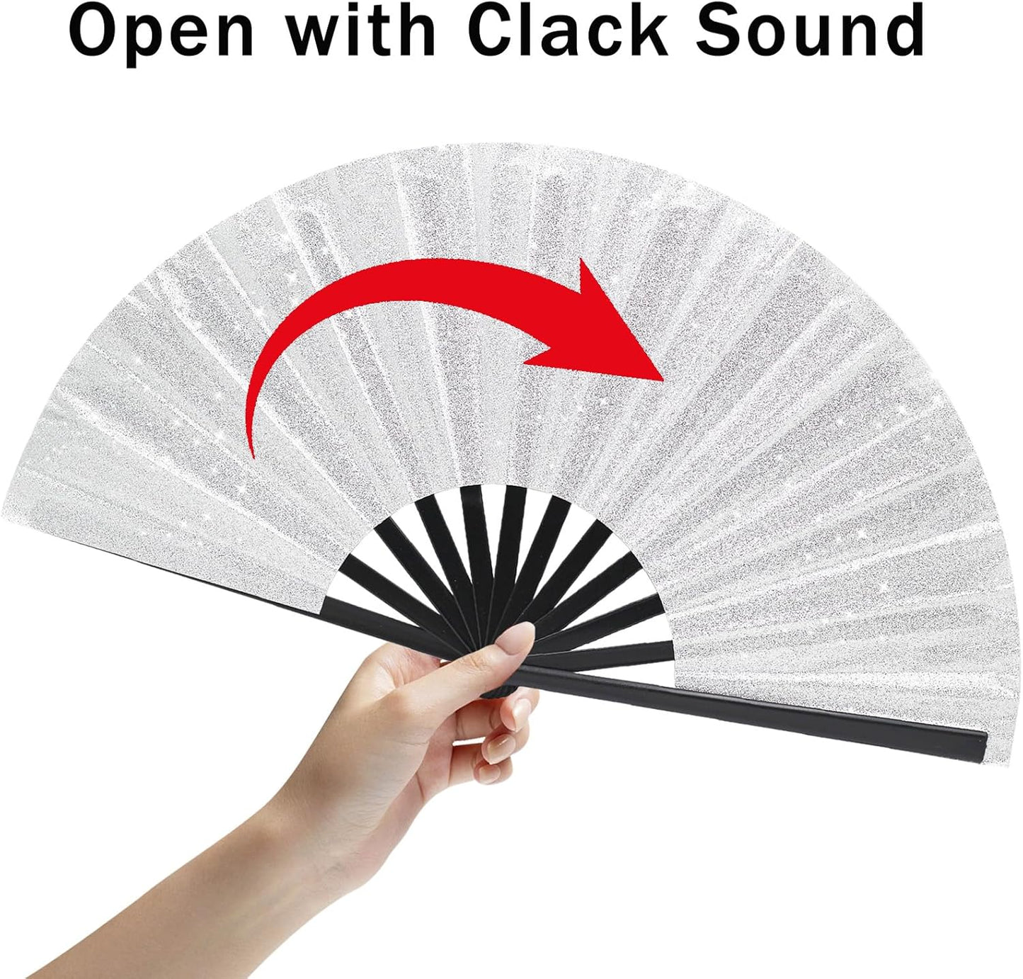 Glitter bling Large Folding Fan-Hand Fan Rave Clack Popping Fan for Line Dancing Clacking Fans for Boots On The Ground Dance, Party for EDM, Music Festival, Hot Flashes, Party, Decoration(2pcs silver)