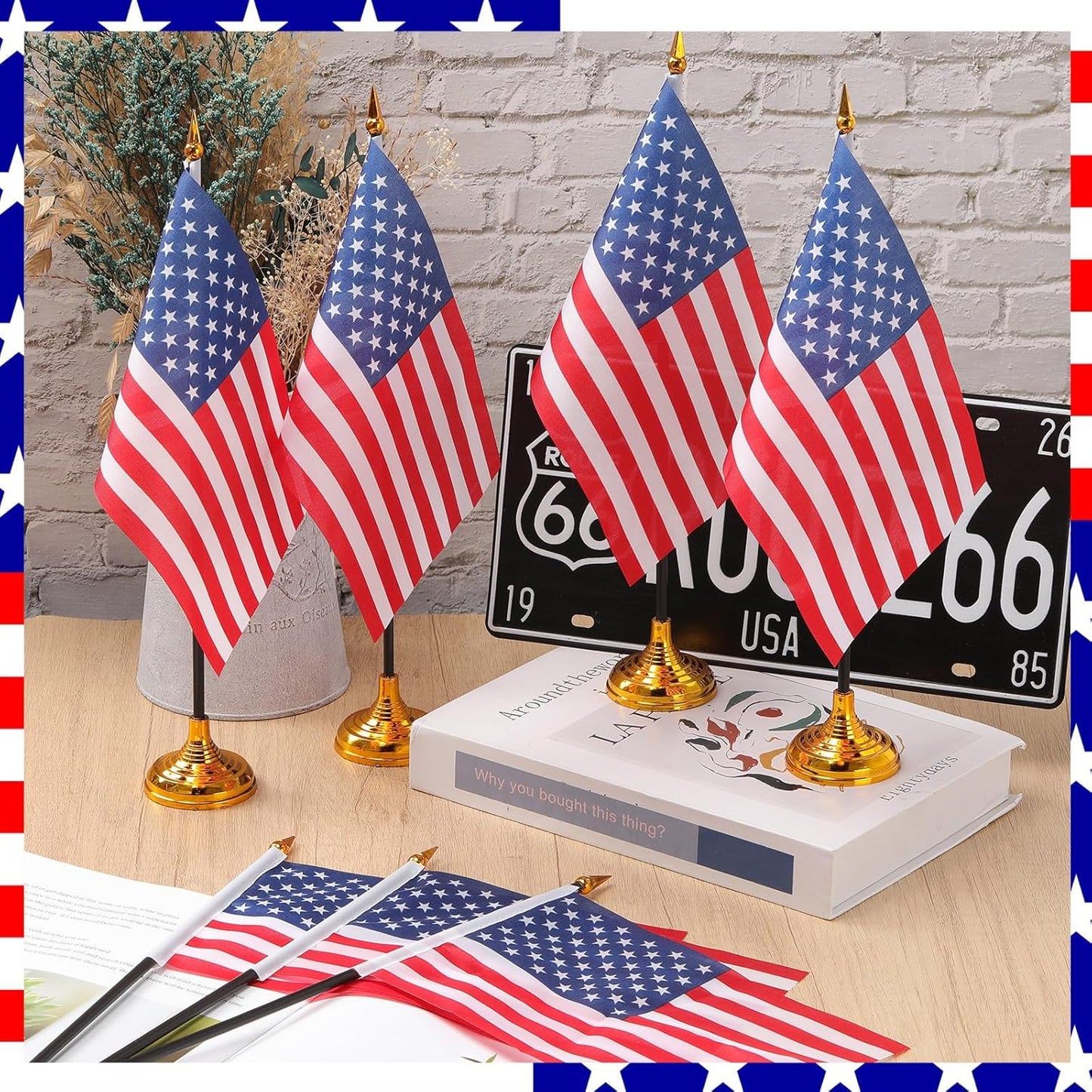 24 Pcs American Desk Flag Set Small USA Flags for Table with 13" Black Pole, Gold Base and Spear Top, American Flag for Home Office Party Festival Celebrations Decor