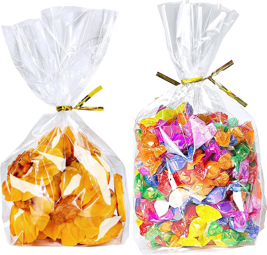 PigPotParty Cellophane Treat Bags 6"x9", 50 Pack Clear Goodie Bags, 2.4" Bottom Gusset for Stand-Up Display, Small Plastic Gift Wrap for Cookies, Candy, Party Favors, Popcorn, Includes 50 Gold Ties