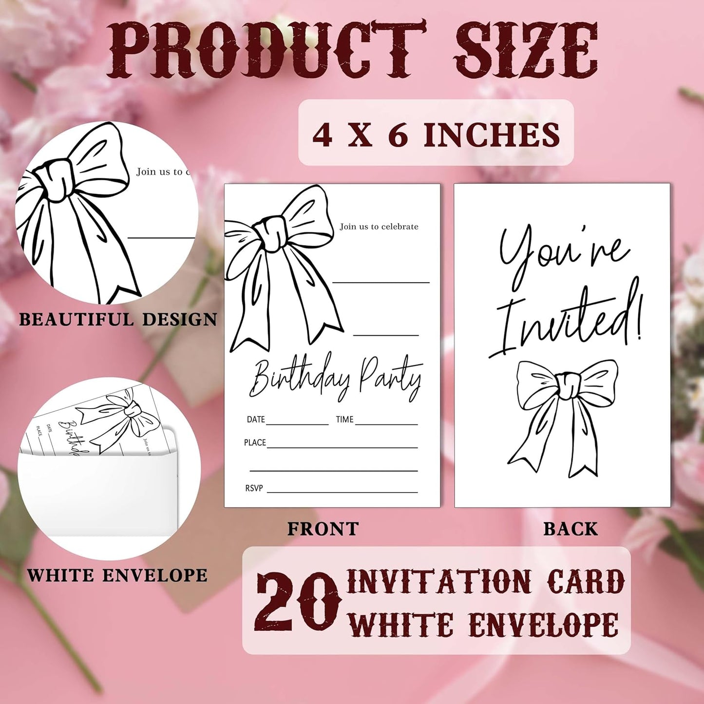 SIXEIGHT Black Bow Birthday Decorations, Black Ribbon Bow Birthday Party Invitations, 20 Party Invitations with Envelopes for Girls Boys, Bows Decorations Supplies, 4"x6"-A10