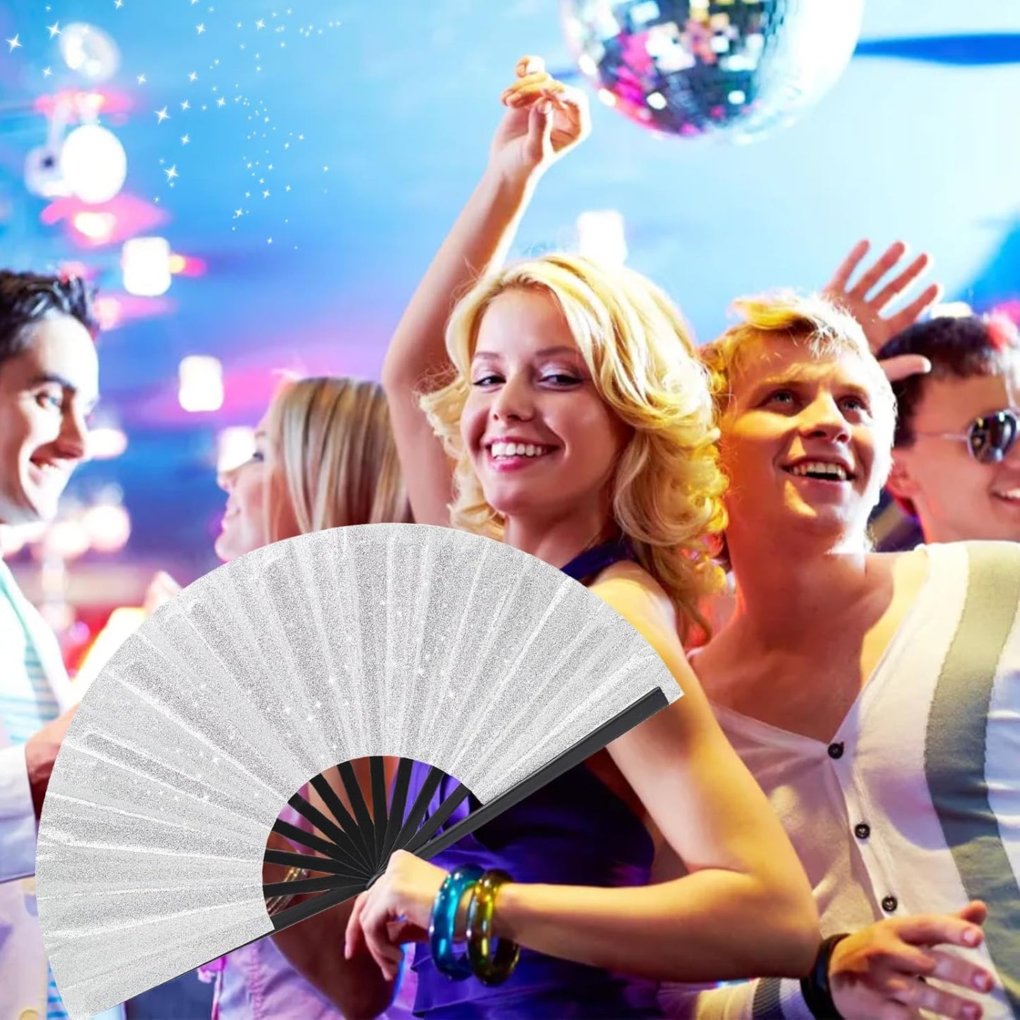 Glitter bling Large Folding Fan-Hand Fan Rave Clack Popping Fan for Line Dancing Clacking Fans for Boots On The Ground Dance, Party for EDM, Music Festival, Hot Flashes, Party, Decoration(3pcs silver)