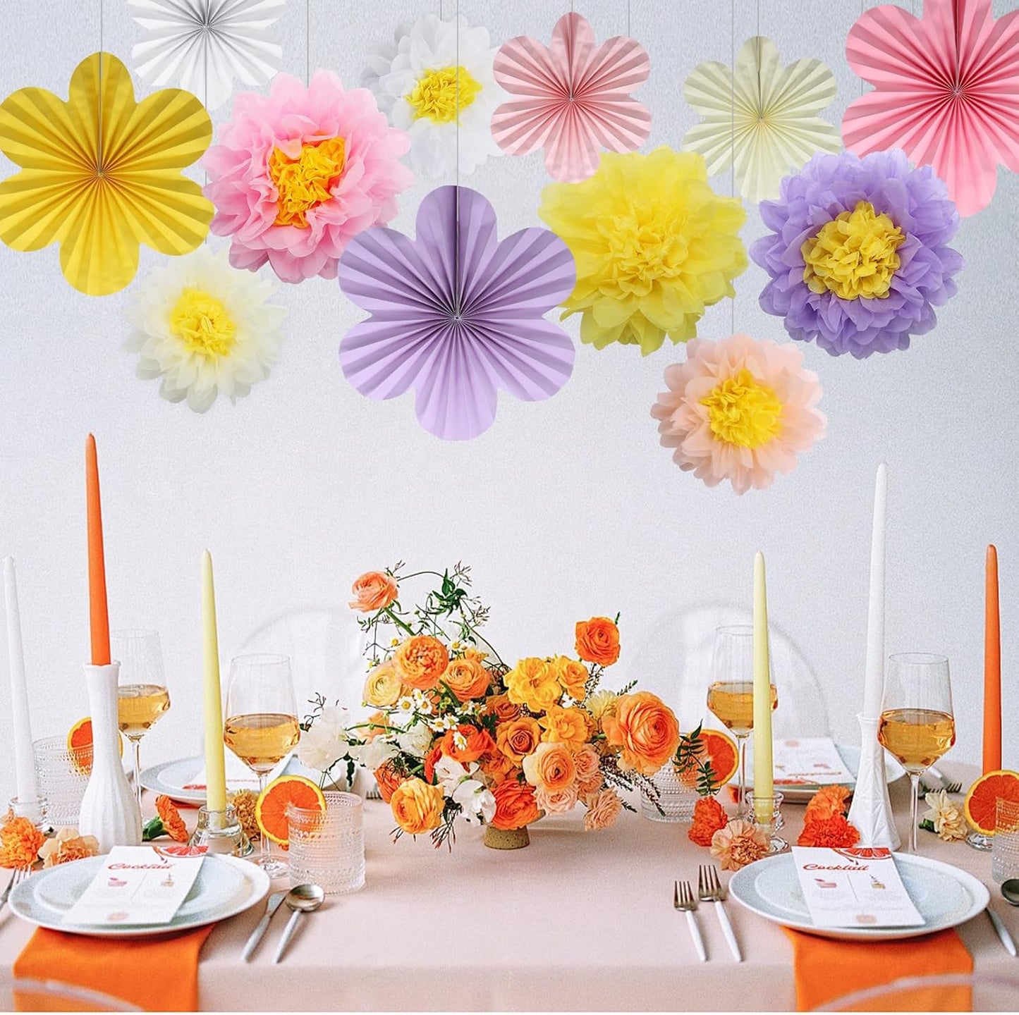 BestoFun 12PCS Paper Flowers Fans Colorful Party Decorations Tissue Paper Flowers Decorations for Girl Groovy Birthday Baby Shower Wedding Bachelorette Room Wall Hanging Décor