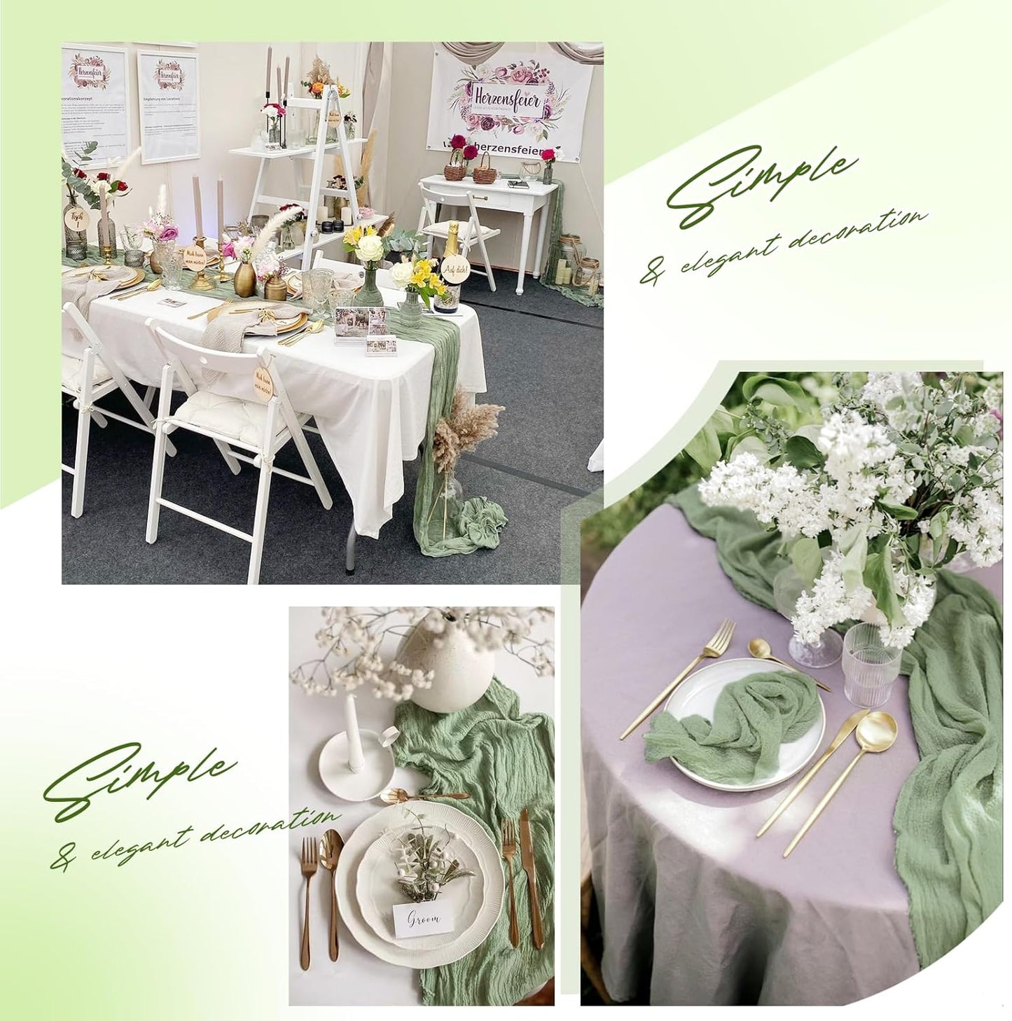 Aktor 12 Pack Sage Green Table Runner Boho Cheesecloth Table Runner Semi Sheer Gauze Fabric Runners for Wedding Birthday Baby Shower Party Boho Table Decoration（Sage Green）