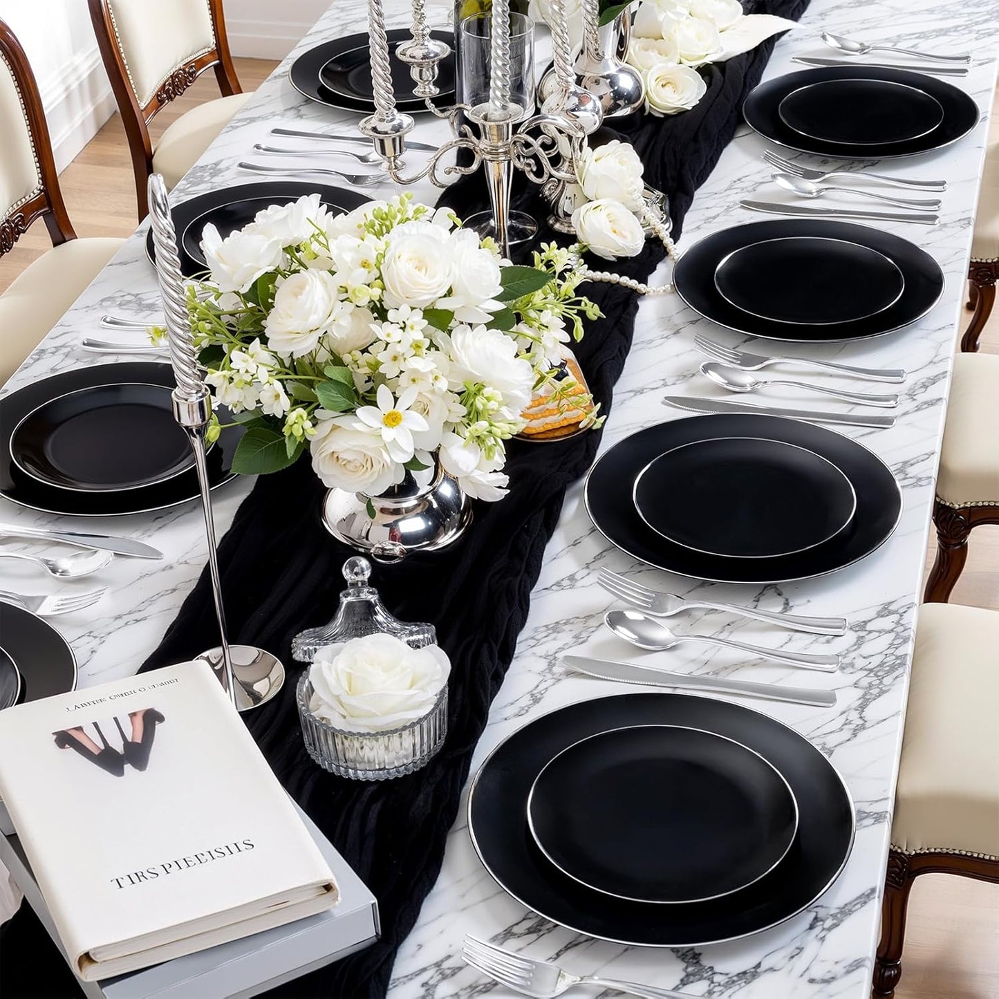 bUCLA 100PCS Black Plastic Plates - Heavy Duty Black Disposable with Silver Rim Include 50 Each (10 inch Dinner & 7 inch Dessert) Plates, Ideal for Party & Halloween