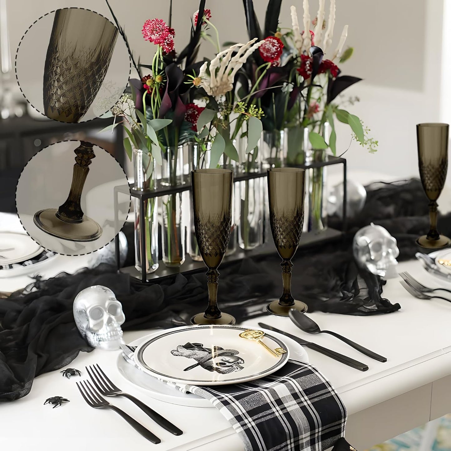 Plastic Champagne Flutes, 24PCS Black Wine Glasses Goblets Cups Reusable Flute, for Halloween Weddings Bachelor Parties Toasting and Events (24, Black)