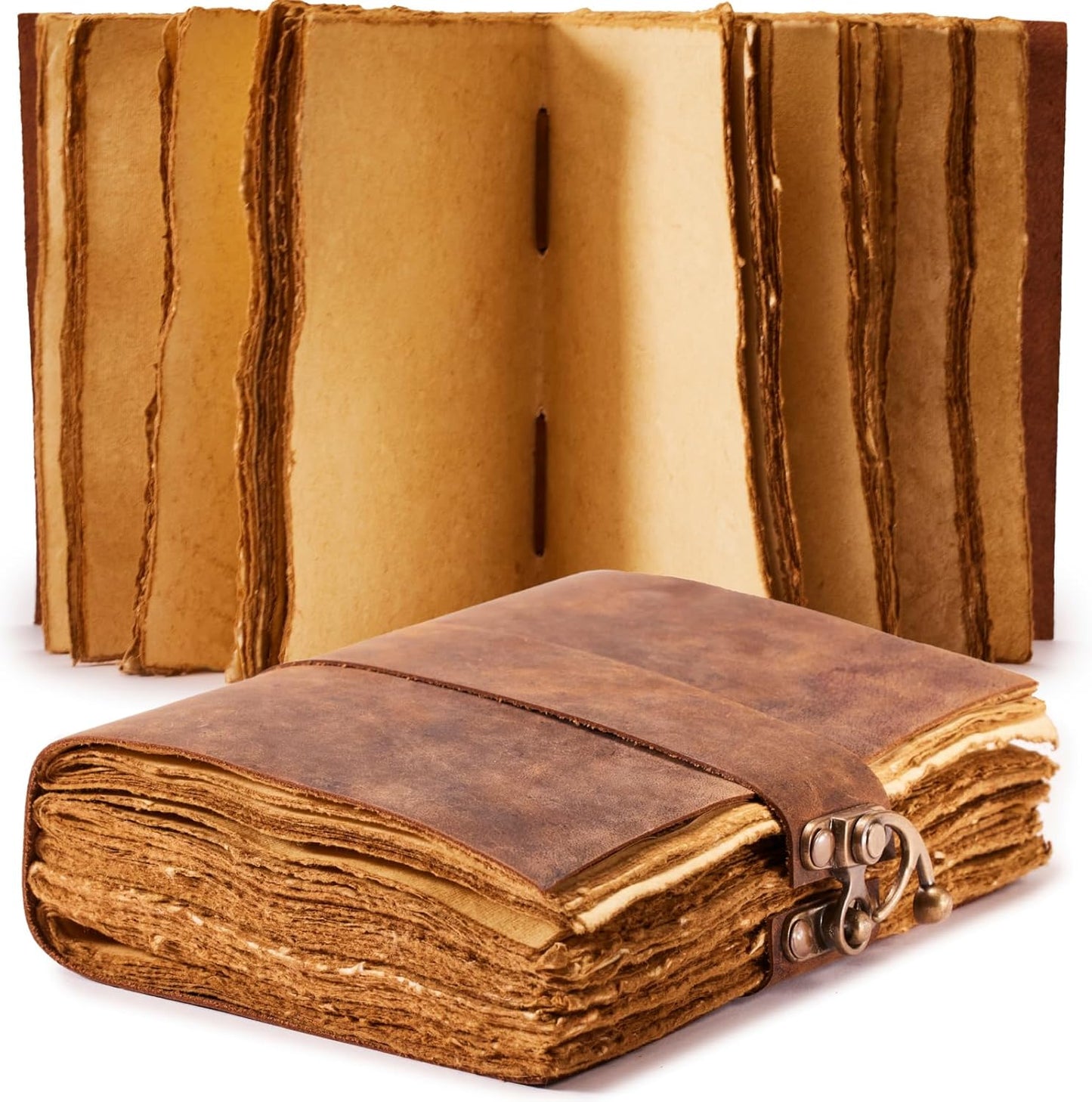 NomadCraftsCo. Vintage Leather Journal - Lock Closure, Book of Shadows Journal, Grimoire Journal, Witch Journal, Vintage Journal 240 pages Antique Deckle Edge Paper
