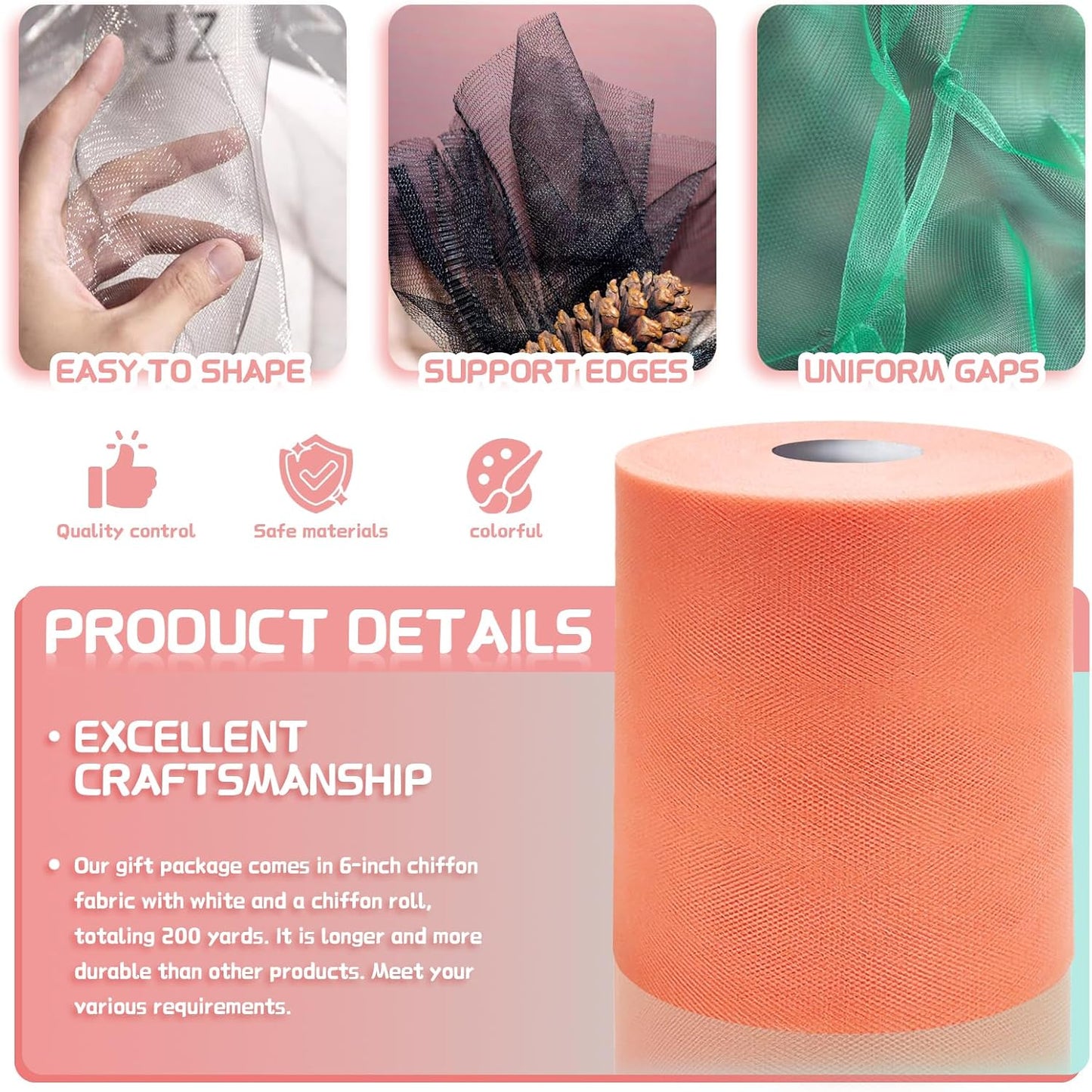 6" x 200 Yards Peach Tulle Fabric Rolls, Peach Spool Tulle Ribbon for DIY Tutu Skirt Wedding Decoration Baby Shower Birthday Party Backdrop Christmas Gift Wrapping Bow Craft Supplies