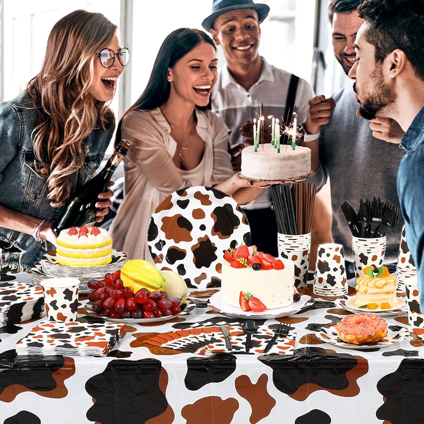 452 Pcs Cow Print Party Decorations Supplies Include Brown Cow Print Paper Plates Napkins Cups Tablecloth Cutlery Straws for Western Rodeo Birthday Baby Shower Farm Animal Party Decorations
