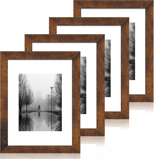 9x12 Picture Frame Set of 4 with Tempered Glass, Wooden Rustic Frame Display 6x8 Pictures with Mat or 9 x 12 Without Mat, Photo Frame for Wall Mount and Tabletop Display