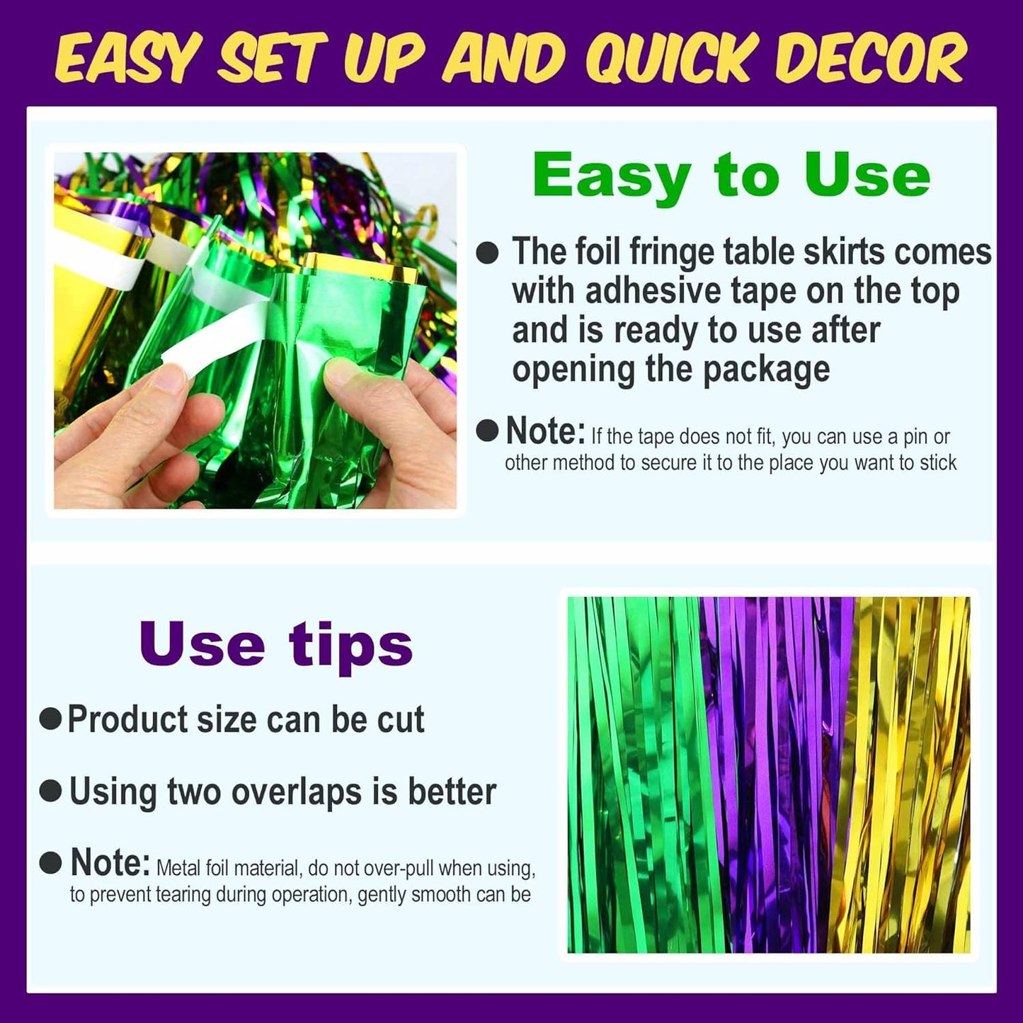 3 Pack 29 x108 Inch Gold Green Purple Foil Fringe Table Skirts Metallic Banner for Tinsel Streamer Garland Backdrop for Parade Floats Mother's Day, Graduate, Birthday, Wedding Party Decoration