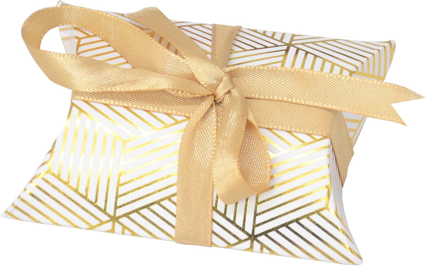 Aokbean 100 Pack Mini Pillow Candy Box Small Gift Boxes with 50 Yards Ribbon for Christmas Wedding Party Favor Gift, Jewelry or Soap Packaging (Gold Stripes)