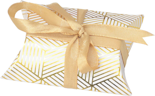 Aokbean 100 Pack Mini Pillow Candy Box Small Gift Boxes with 50 Yards Ribbon for Christmas Wedding Party Favor Gift, Jewelry or Soap Packaging (Gold Stripes)