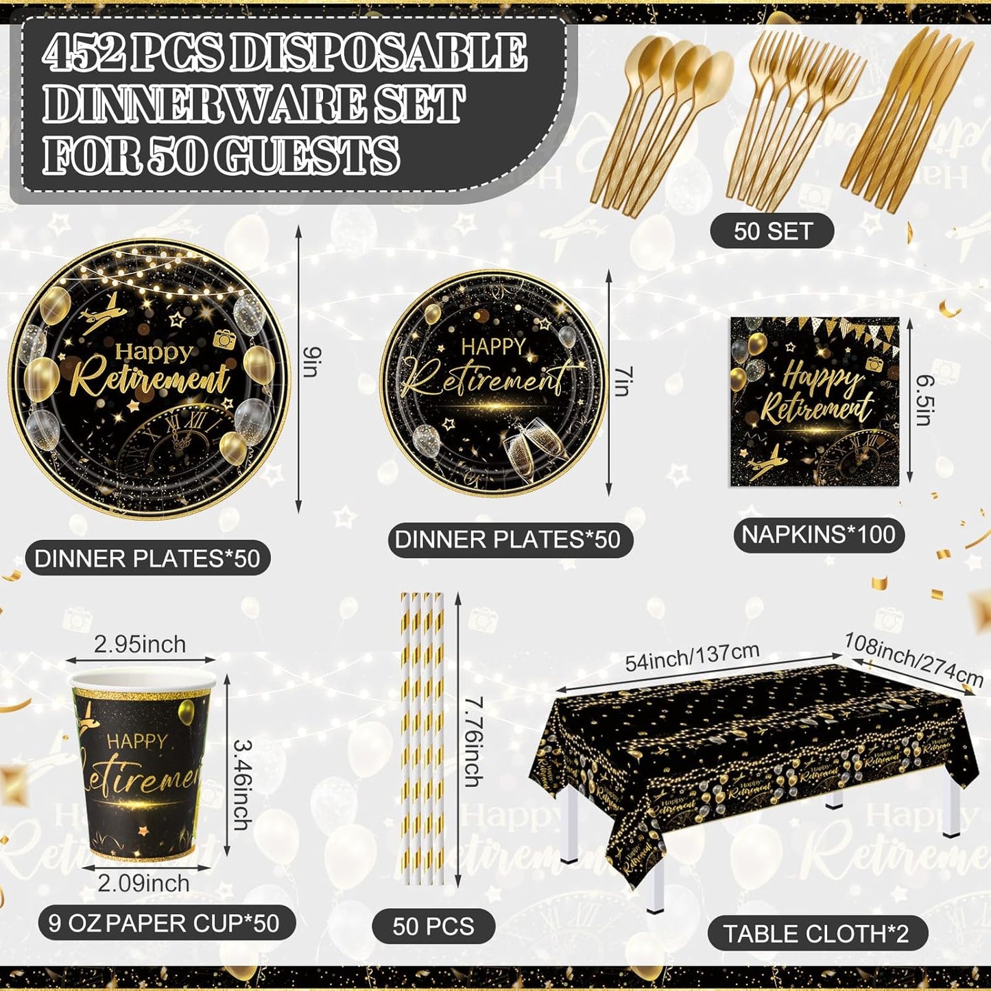 452 Pcs Black Gold Retirement Decorations Supplies for 50 Guests, Happy Retirement Paper Plates Napkins Cups Tablecloth Cutlery Straws Disposable Tableware Set for Men Women