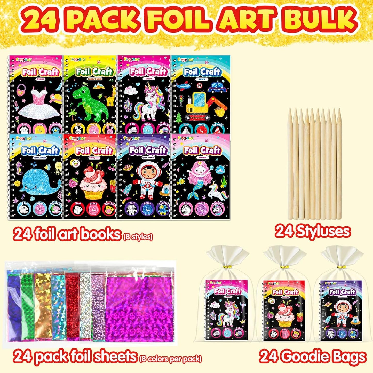 FUNNYB&G Foil Art Party Favors for Kids - 24 Pack Foil Art Crafts Kits Coloring Books, Goodie Bag Stuffers Party Favors for Kids 4-8 8-12, Bulk Birthday Classroom Prizes Girls Boys Gifts Halloween
