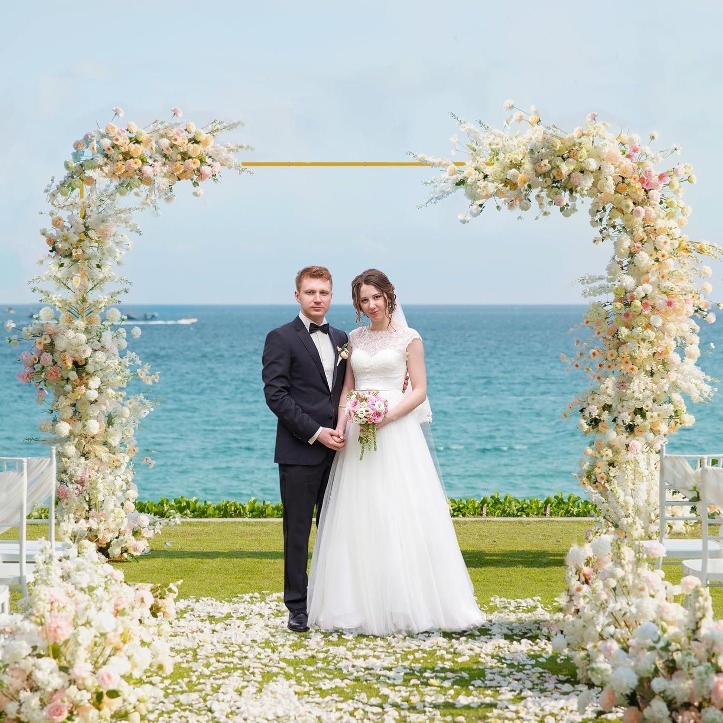 Fomcet 6.6FT x 10FT Backdrop Stand Heavy Duty with Base Gold Pipe and Drape Square Backdrop Stand Adjustable Portable Metal Arch Frame for Wedding Baby Shower Birthday Parties Banquet Decorations