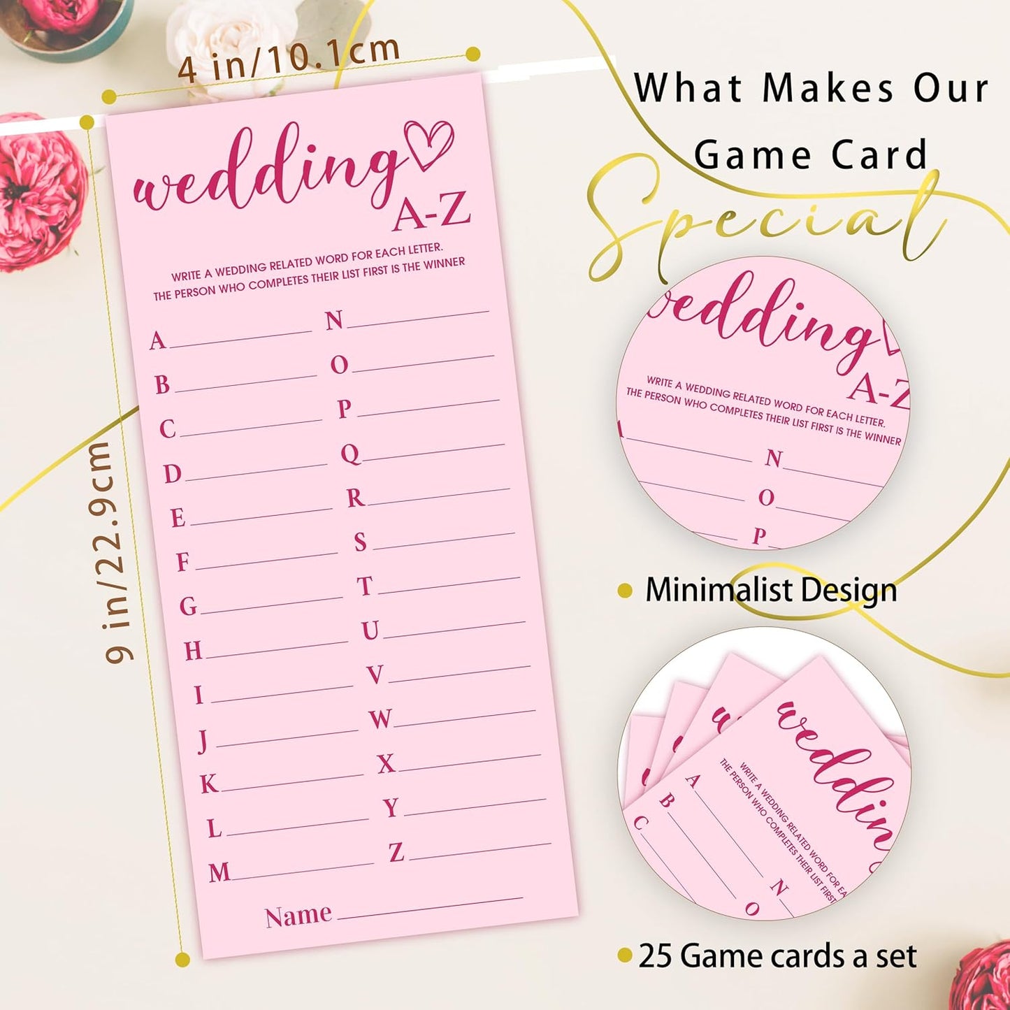 4x9 Inch Wedding Party Games, Bridal Shower Cards, 25 Pink Bridal Shower Games for Wedding Reception, Bachelorette, Engagement Party, Minimalist Guest Interaction Activity Cards-A11