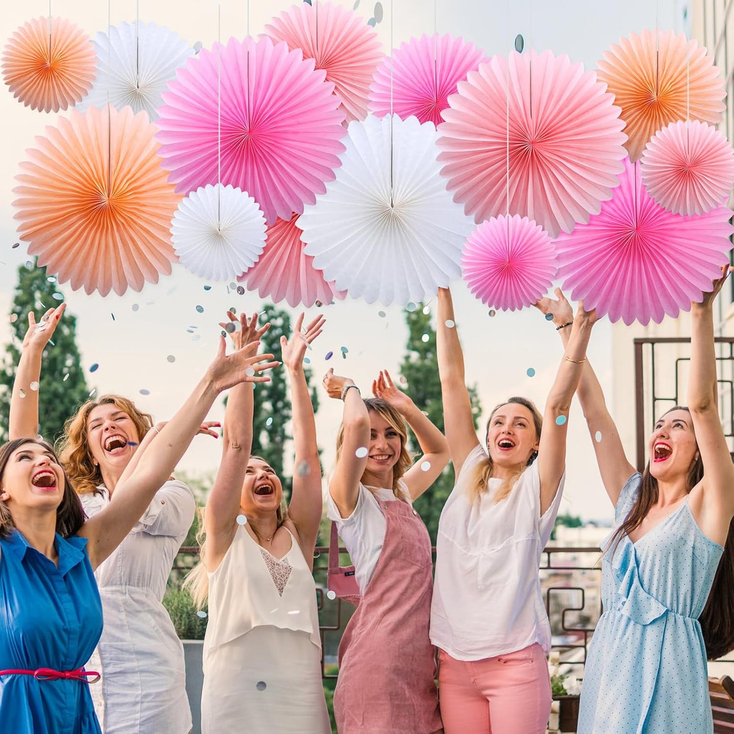 MotiMind 24 Pcs Hot Pink Paper Fans Pink Peach Party Decorations Classroom Decor Wall Background Ceiling Hanging Decoration for Birthday Wedding Baby Bridal Shower Engagement Party Decor