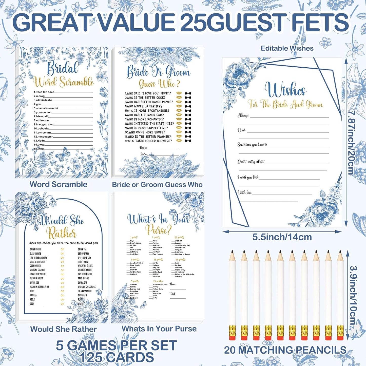 Teling 145 Pieces Bridal Shower Game Bridal Shower Favors Set Wedding Games Cards and Pencils for Bride Groom Bachelorette Party Wedding Party Favor (Blue Floral Style)