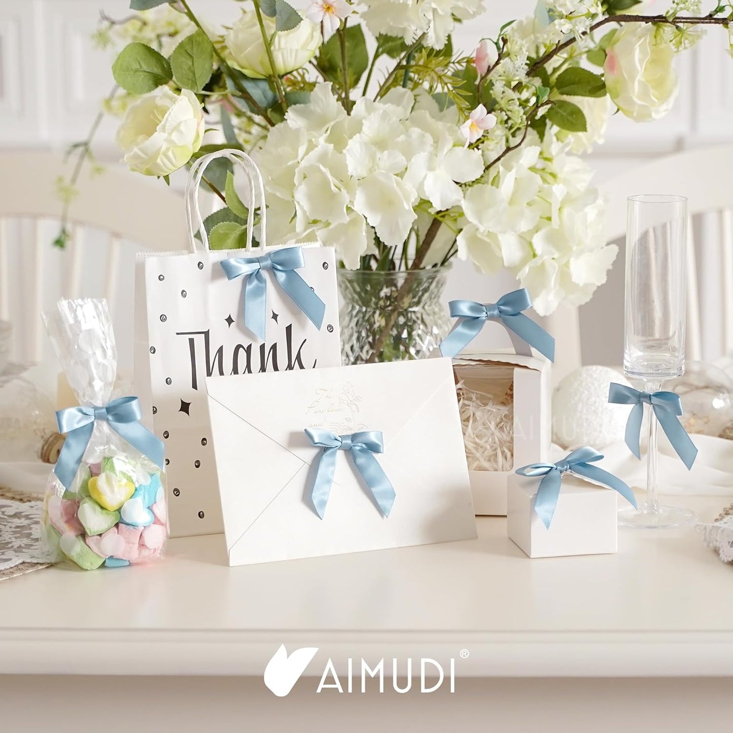 AIMUDI Dusty Blue Bows for Gift Wrapping Premade Satin Bows for Wedding Decor Pre Tied Twist Tie Bows Small Bows for Crafts Treat Bags Cake Pop Party Favors - 50 Counts