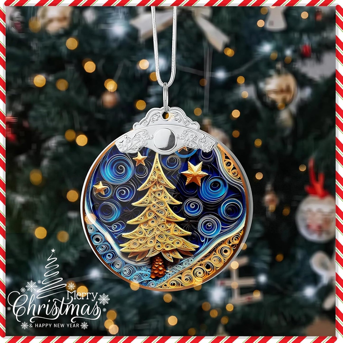 Christmas Ornament 2025, Christmas Tree Round Shape, 4 Inch Acrylic Ornament Art, Holiday Decoration, Car Interior Decor, Holiday Ornaments (Quilling Christmass Tree)