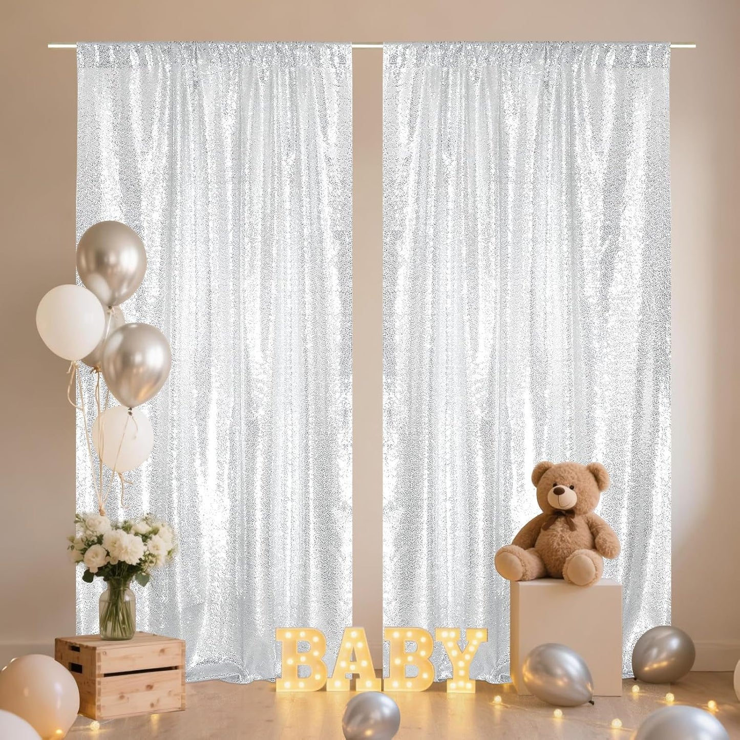 SquarePie Sequin Backdrop Curtain 8FT x 10FT Silver Satin Backing Fabric Photography Background for Wedding Patry 4FT x 10FT 2 Panels
