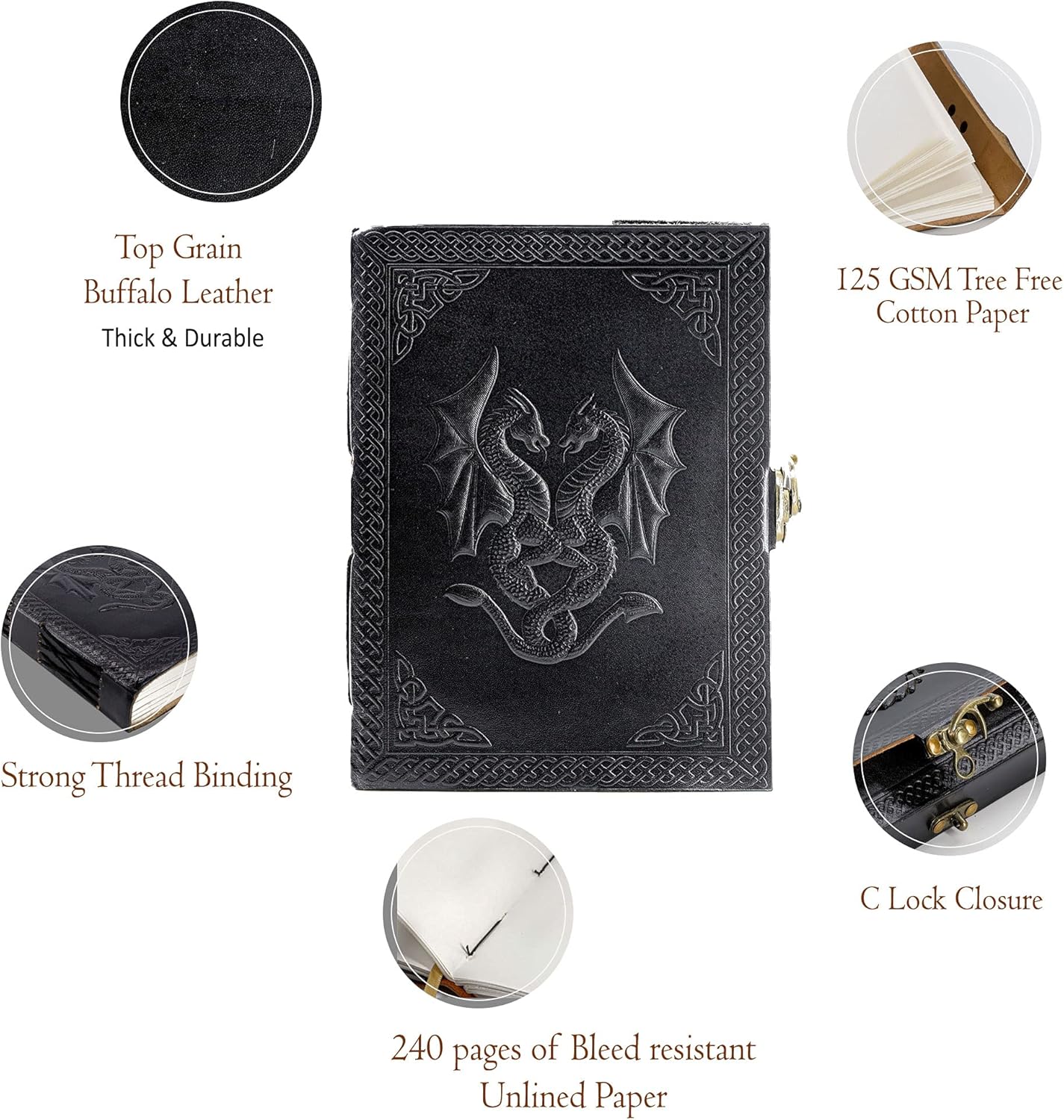 Handmade Leather Double Dragon Journal | Writing Notebook Diary | Bound Daily Notepad for Men & Women Unlined Paper Medium, Writing pad for Artist, Sketch