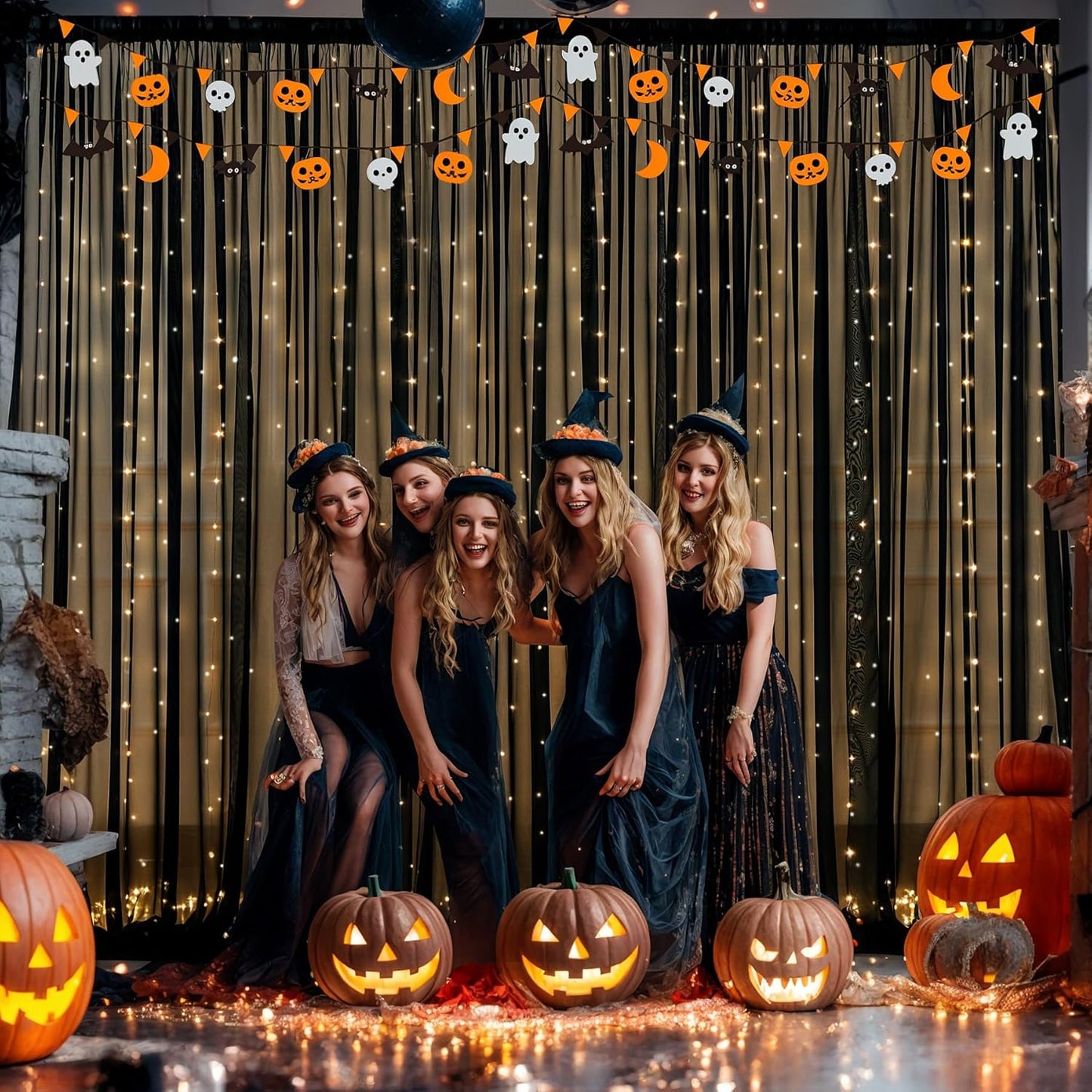 10x10ft Black Chiffon Backdrop Curtain with Lights for Wedding Birthday Parties, Wrinkle Free Backdrop Curtains with Lights for Halloween Baby Shower Gender Reveal Photo Shoot (5 x 10ft,2 Panels)