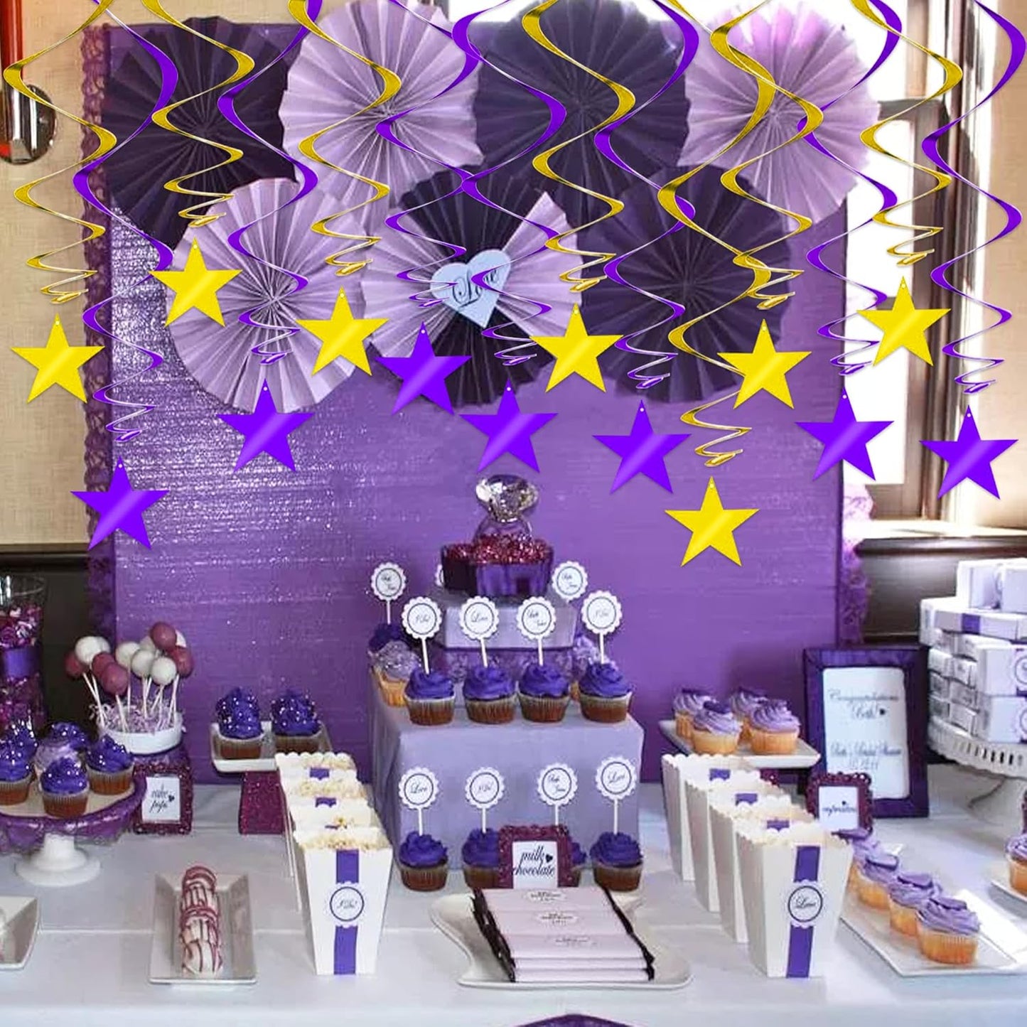 BEISHIDA Purple Gold Star Hanging Swirl Decorations, Birthday Hanging Party Supplies for Graduation Wedding Baby Shower Birthday Decorations,Pack of 15