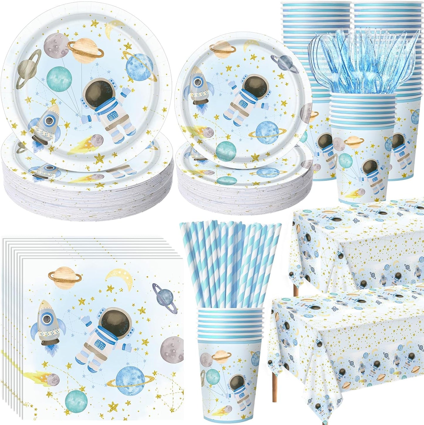 452 Pcs Space Themed Party Decorations for 50, Blue Space Astronaut Paper Plates Napkins Cups Tablecloth Cutlery Straws for First Trip Around The Sun Planet Birthday Baby Shower Party Supply