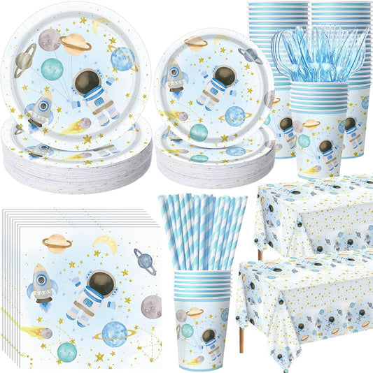 452 Pcs Space Themed Party Decorations for 50, Blue Space Astronaut Paper Plates Napkins Cups Tablecloth Cutlery Straws for First Trip Around The Sun Planet Birthday Baby Shower Party Supply