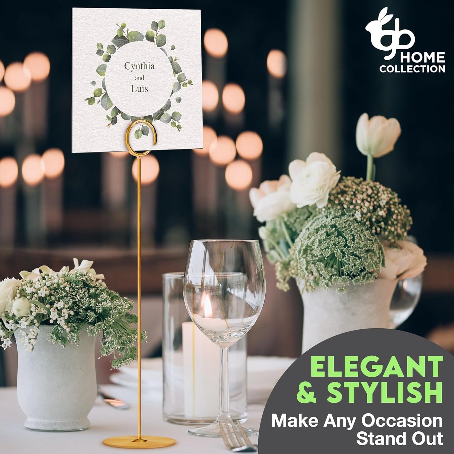 Gray Bunny Metal Table Number Holders, 12 Pack, 12 in Tall, Gold, Card Holders Tabletop Table Number Stands, Wire Clip for Restaurants Recipe Place Card Signs, Weddings, Banquets, Pictures