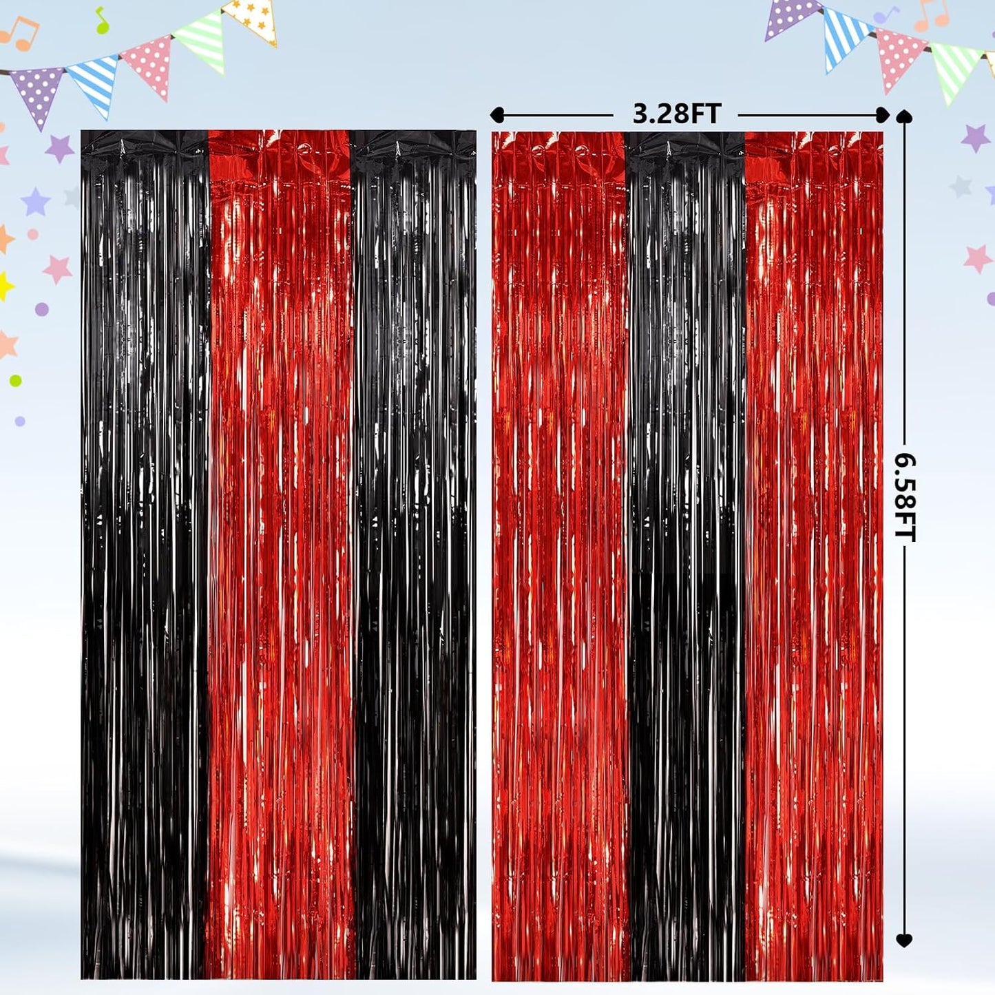2 Pack Black and Red Foil Fringe Curtains Party Decorations, Tinsel Curtain Backdrop Streamers for Birthday Graduation Fiesta Stranger Theme Halloween Christmas Party Decors Supplies Door Streamers