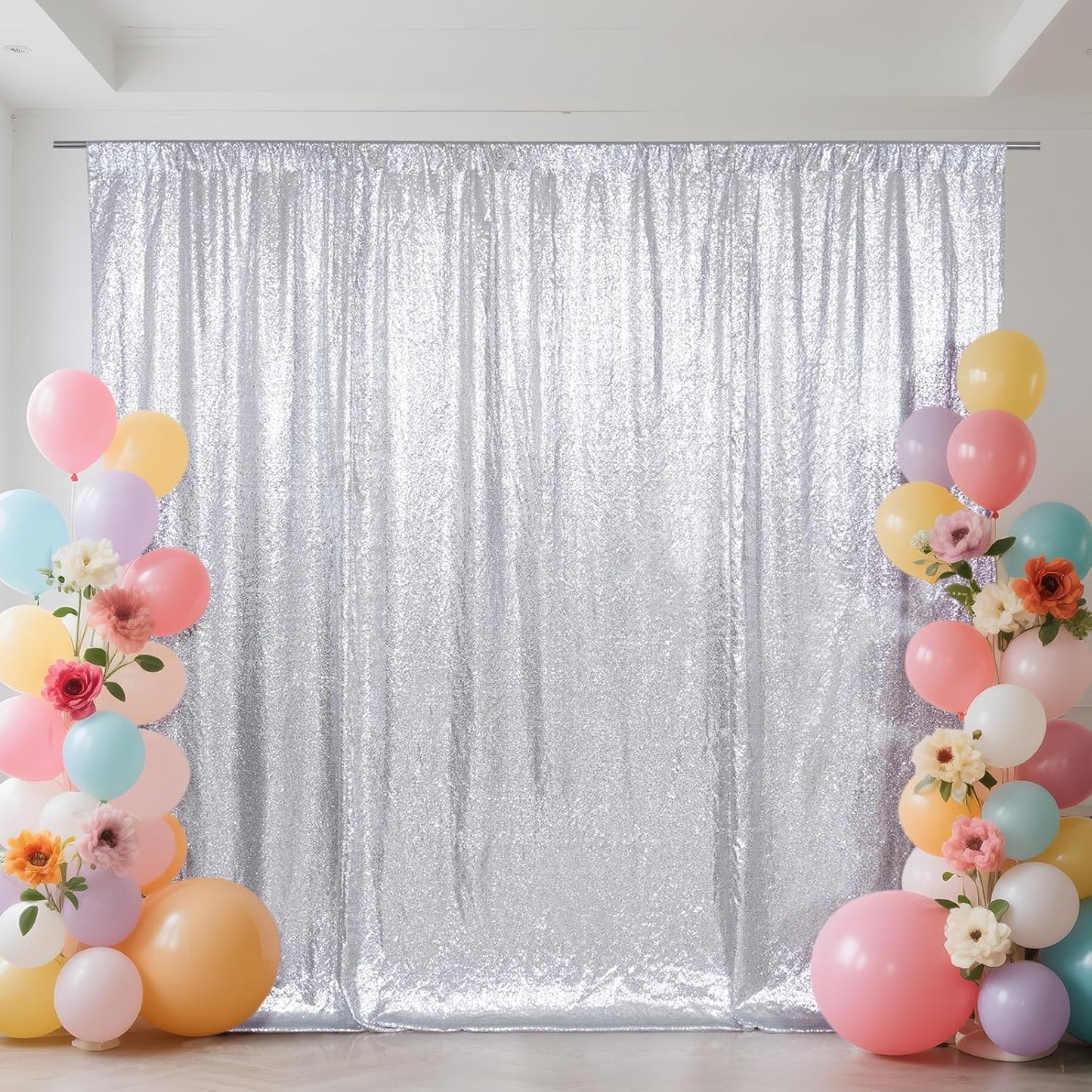 SquarePie Sequin Backdrop Not See Through Thick Background Glitter Curtain Party 6FT x 6FT Silver