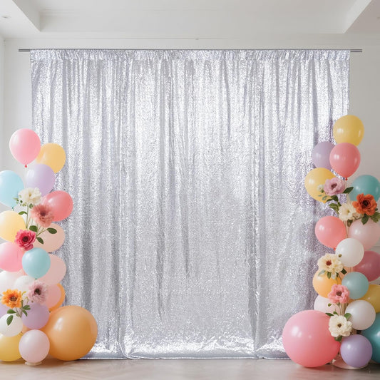 SquarePie Sequin Backdrop Not See Through Thick Background Glitter Curtain Party 6FT x 6FT Silver