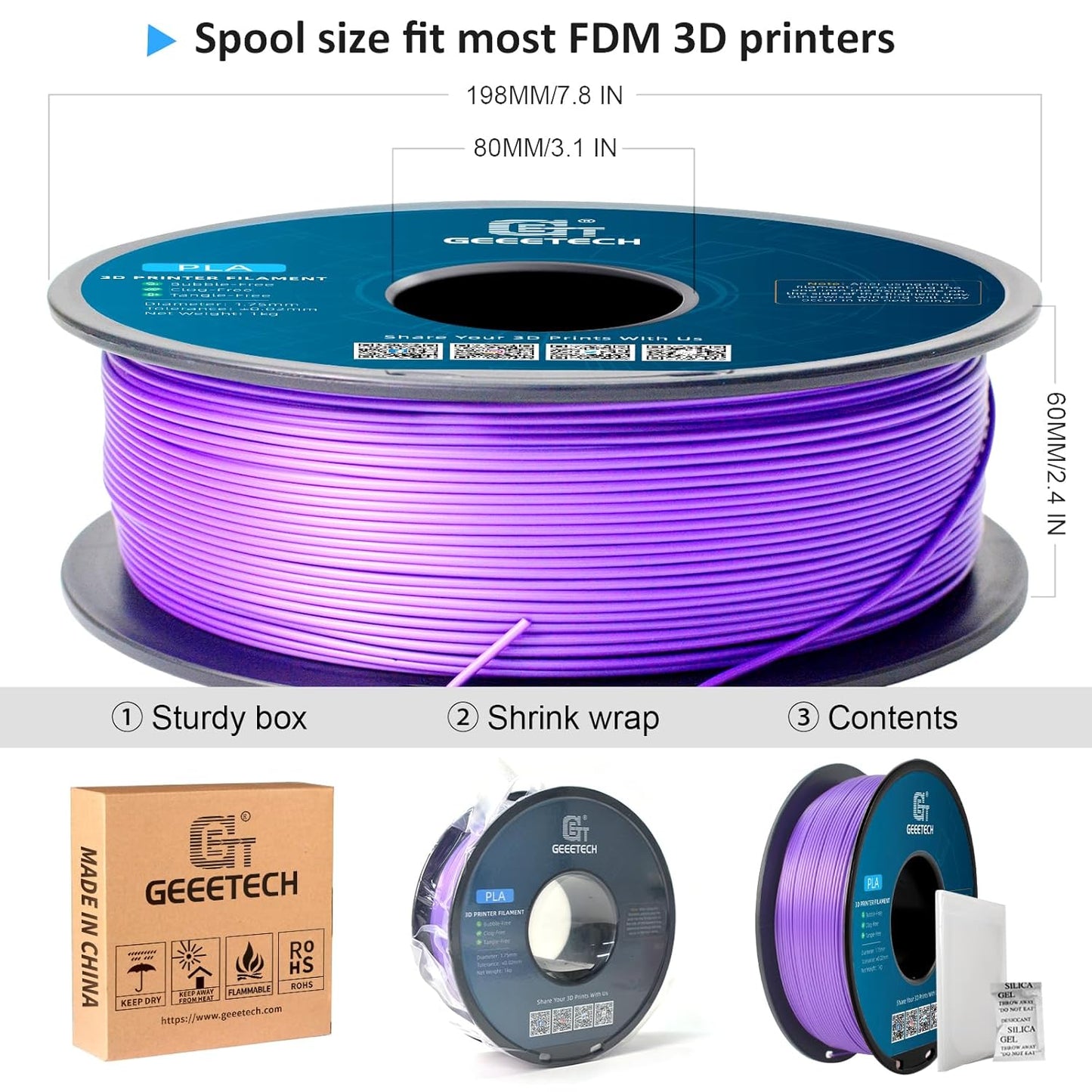 Geeetech Purple PLA 3D Printer Filament, 1kg Spool (2.2lbs), Upgrade Tidy Winding Tangle-Free, 1.75mm Dimensional Accuracy +/- 0.02 mm, 3D Printing Filament Fits for Most FDM 3D Printers