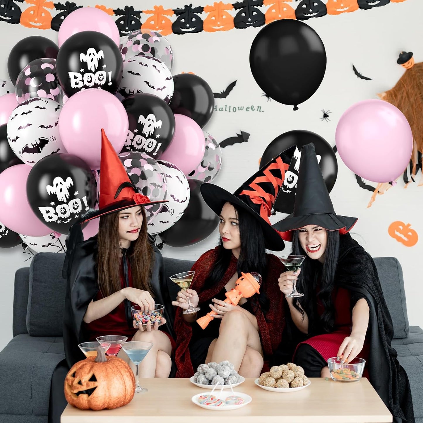 FunHot Halloween Party Balloons, 60Pcs Pink Black Halloween Balloon, 12 Inch Black Pink Confetti Balloons Bat Ghost BOO Printed Pattern Balloon with Ribbons for Kids Birthday Halloweens Decoration