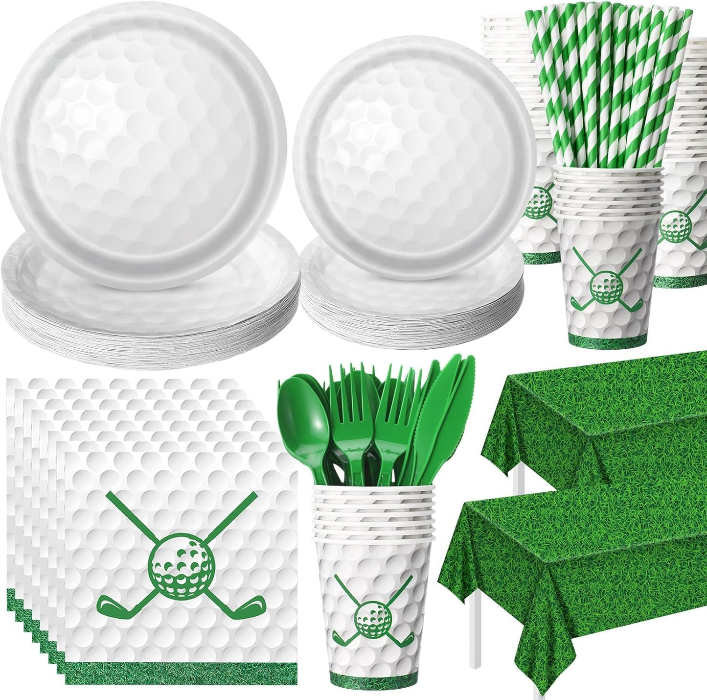452 Pcs Golf Party Supplies for 50 Guests, Golf Paper Plates Napkins Cups Green Grass Field Tablecloth Cutlery Straws Disposable Tableware Set for Sports Theme Birthday Party Decorations