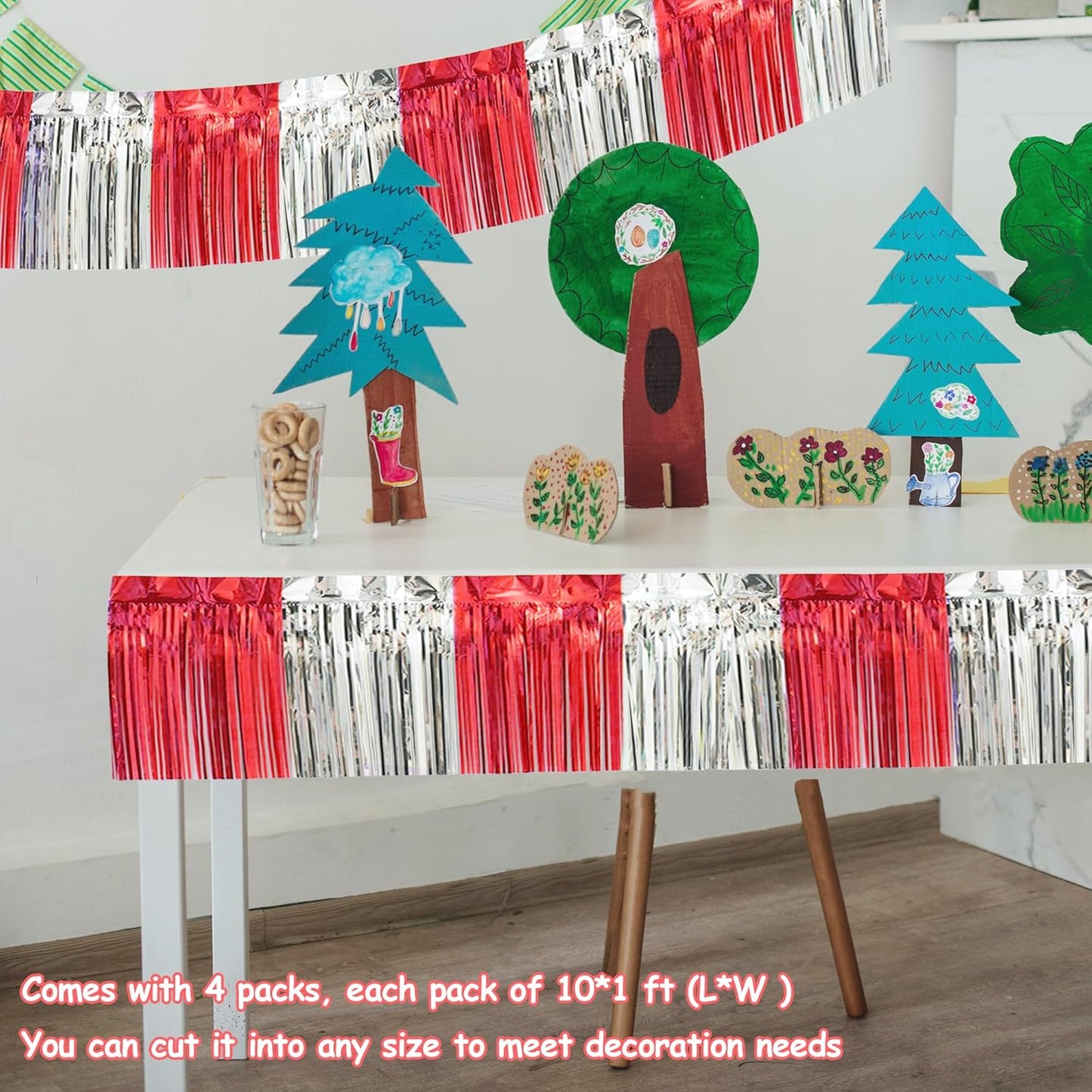 4 Pack 10 Feet Red Silver Foil Fringe Garland Metallic Tinsel Streamers Banner Fringe Curtain Banner for Parade Floats Wedding Graduation Homecoming Carnival Birthday Party Decorations (Red Silver)…