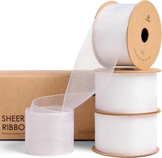 Vitalizart White Organza Ribbon 1.5" x 30 Yd Sheer Ribbons for Gift Wrapping Crafts Christmas Party Decor Bows Wedding Invitations Wreaths Bouquet