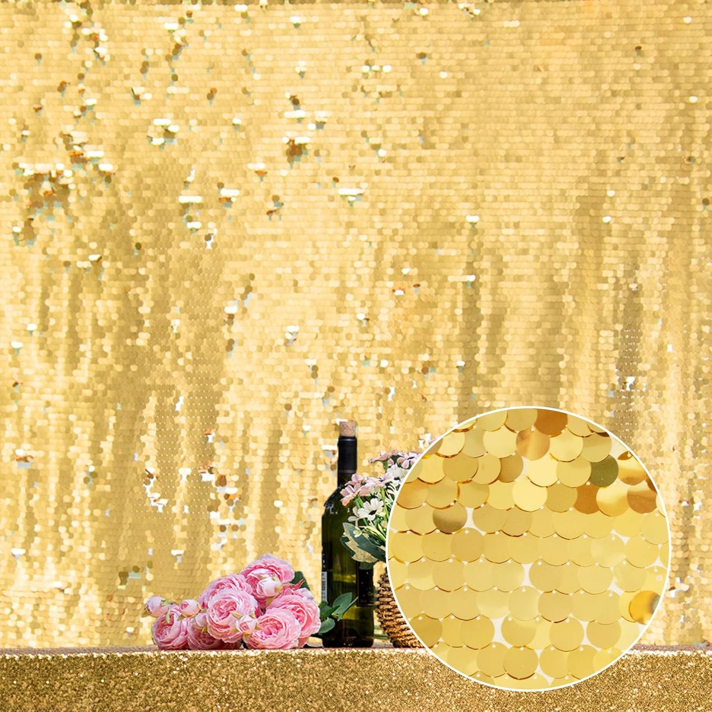 JYFLZQ Gold Payette Sequin Backdrop Curtains 8ft x 8ft 1 Panel Shimmer Wall Backdrop Big Sequin Background Thick Glitter Photo Booth Backdrops for Birthday Wedding Prom Parties