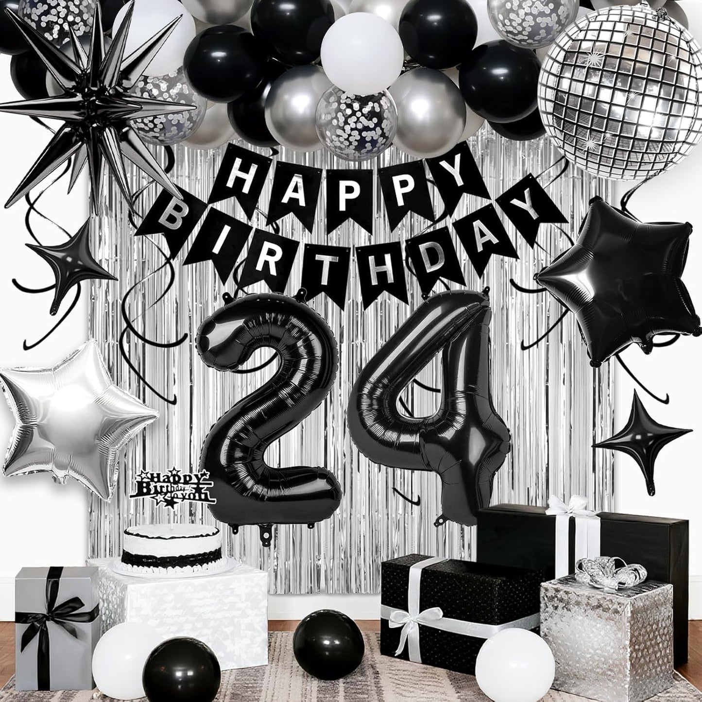 24th Birthday Decorations for Men Women, Black Silver Happy Birthday Party Decorations， 24 Year Old Party Supplies with Number 24 Balloons, Banner, Fringe Curtains Kit