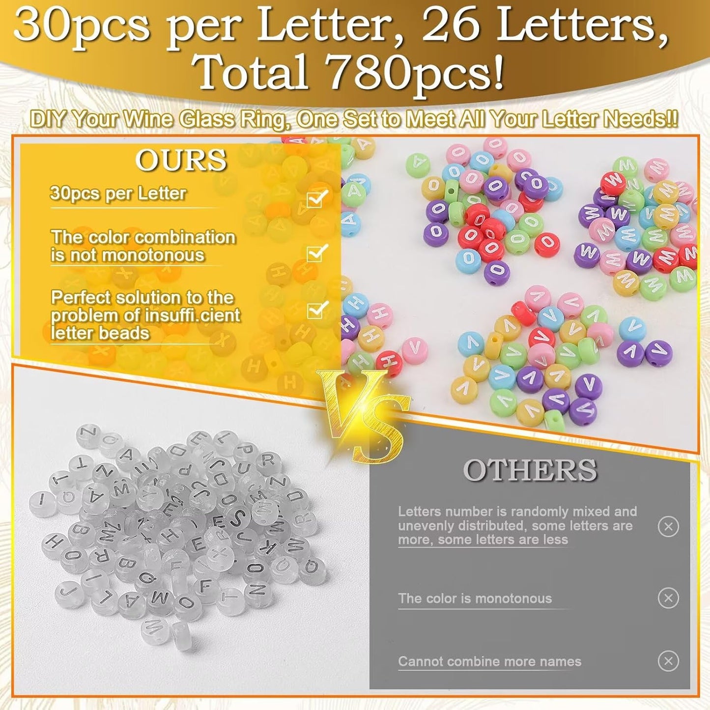 60 Sets DIY Wine Glass Charms – 780 Letter Beads 120 Gold Beads 60 Charm Rings 2 Tweezers, Drink Identifier Charms Wine Glass Marker Tags for Wedding Cocktail Bachelorette Party Decoration (Colorful)