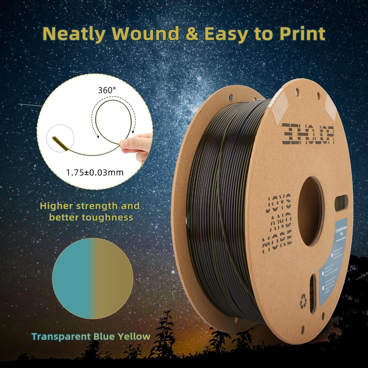 Transparent Multi Rainbow Color Gradient Change PLA 1.75mm 1KG 3D Printing Filament Crystal Rainbow PLA Clear PLA Filament with Cardboard Spool -Galaxy