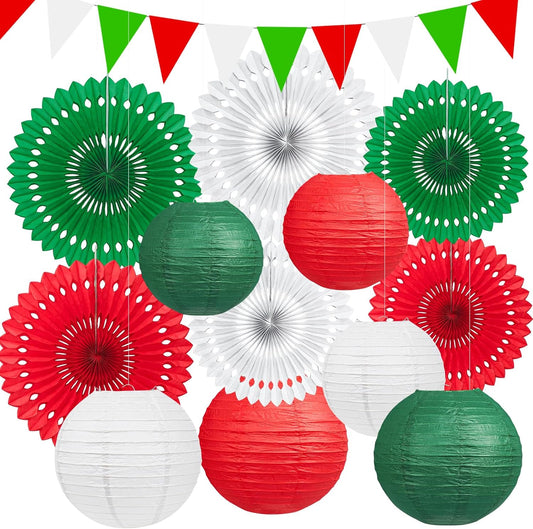 13Pcs Italian Party Decorations, Hanging Red White and Green Paper Lanterns Paper Fans for Birthday Wedding Baby Shower Christmas Mexican Independence Day Italian Themed Party Decorations