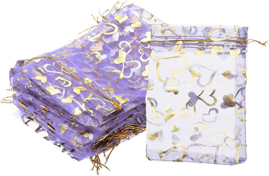 PATIKIL 50 Pcs 4x6 Inch Heart Printed Organza Bags, Purple Sheer Heart Organza Bags with Drawstring for Christmas Candy Jewelry Party Wedding Favor Gift