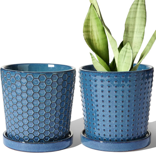 LE TAUCI Ceramic Pots for Plants, 5.5 Inch Plant Pots with Drainage and Saucer, Indoor Plant Pots for Succulents, Snake Plants, Cactus, and More, Set of 2, Reactive Glaze Blue