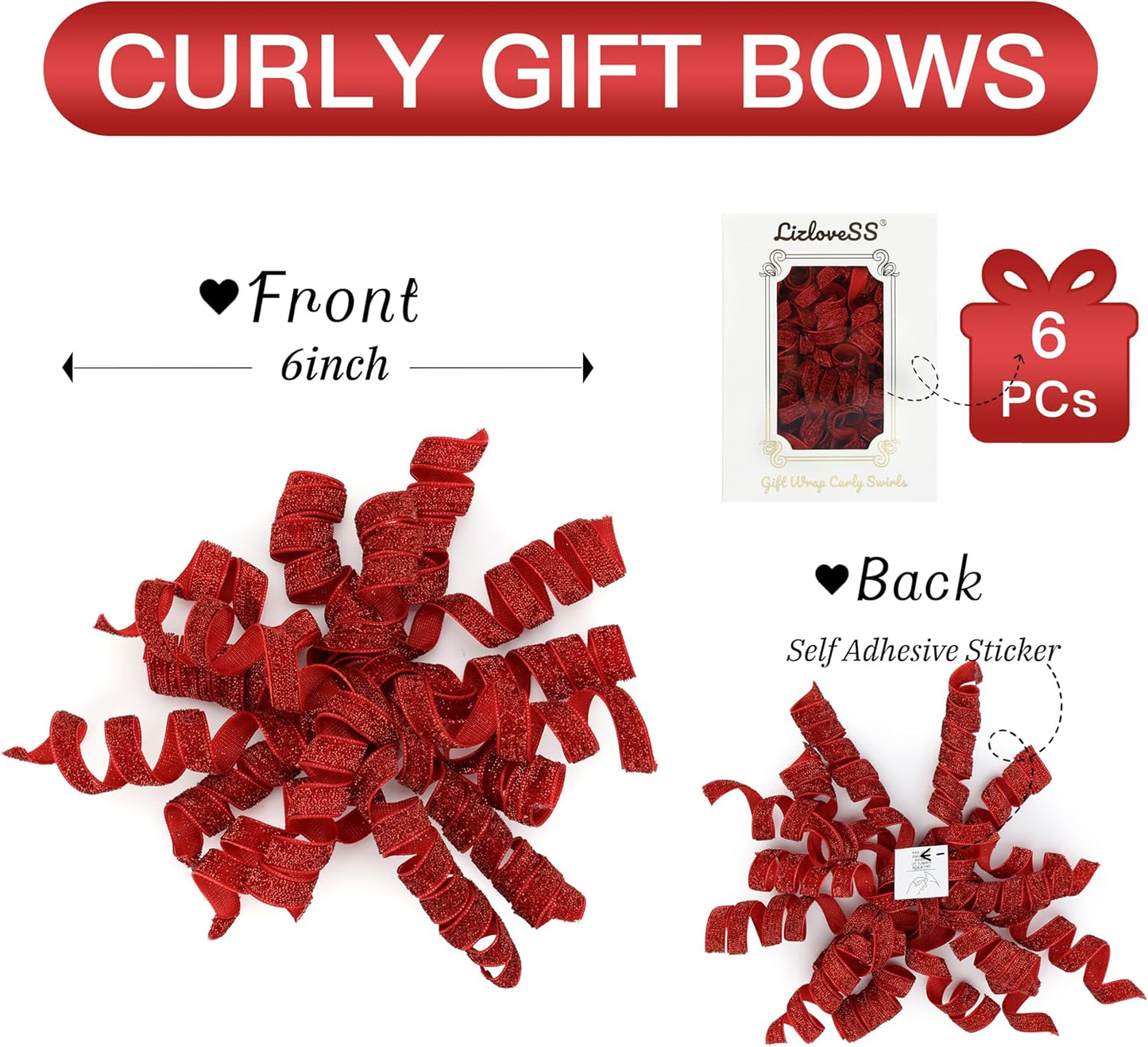 6" Metallic Glitter Red Self Adhesive Curly Ribbon Gift Wrap Bows for Christmas, Holiday, Birthday, Wedding, Presents, Party Favors Decorations 6-Count