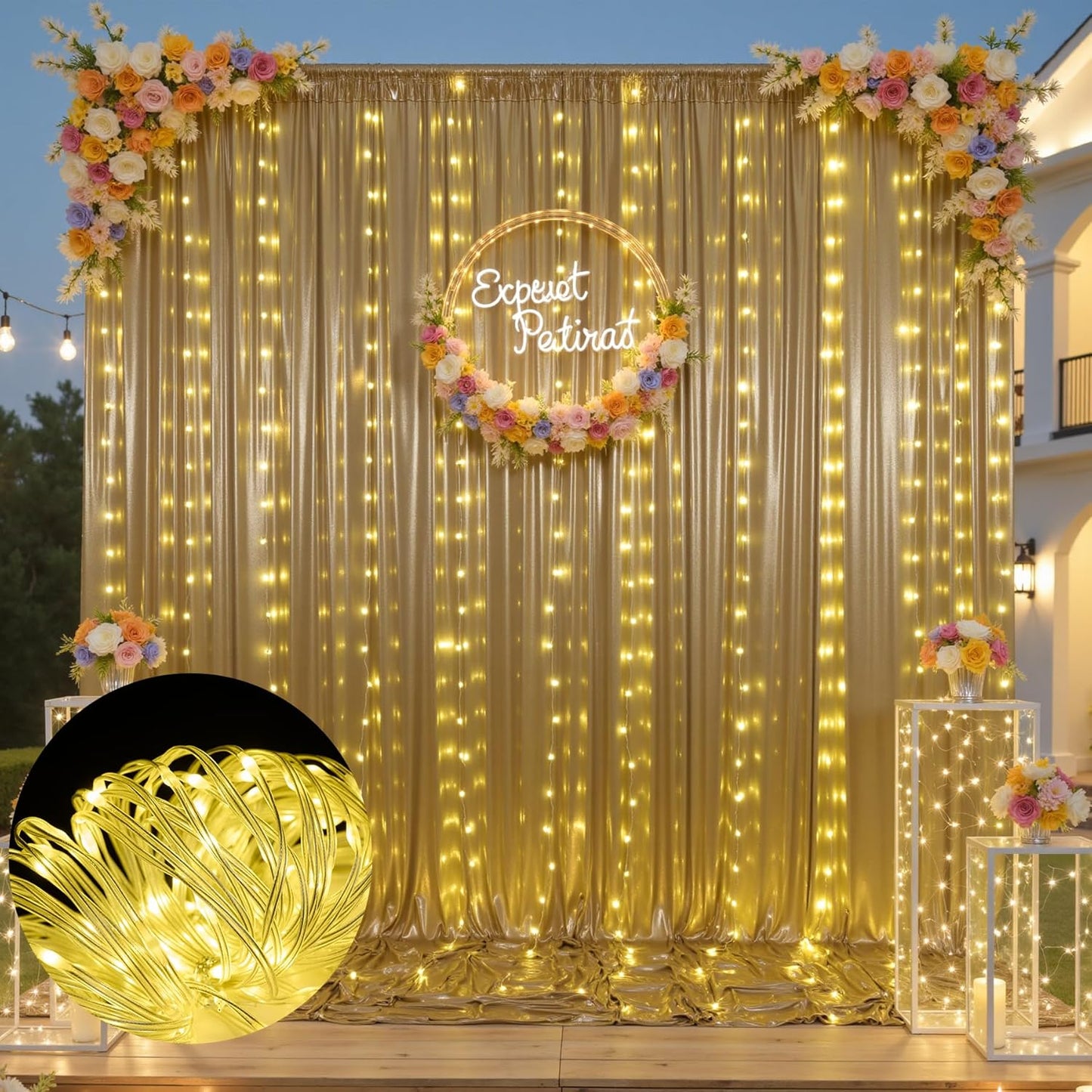 10x10 Champagne Sequin Backdrop Curtain with Lights-Wrinkle Free Thick Glitter Backdrop Drapes for Wedding Parties Events Halloween Decor-2 Panels 5×10ft Shimmer Photo Booth Background for Photography