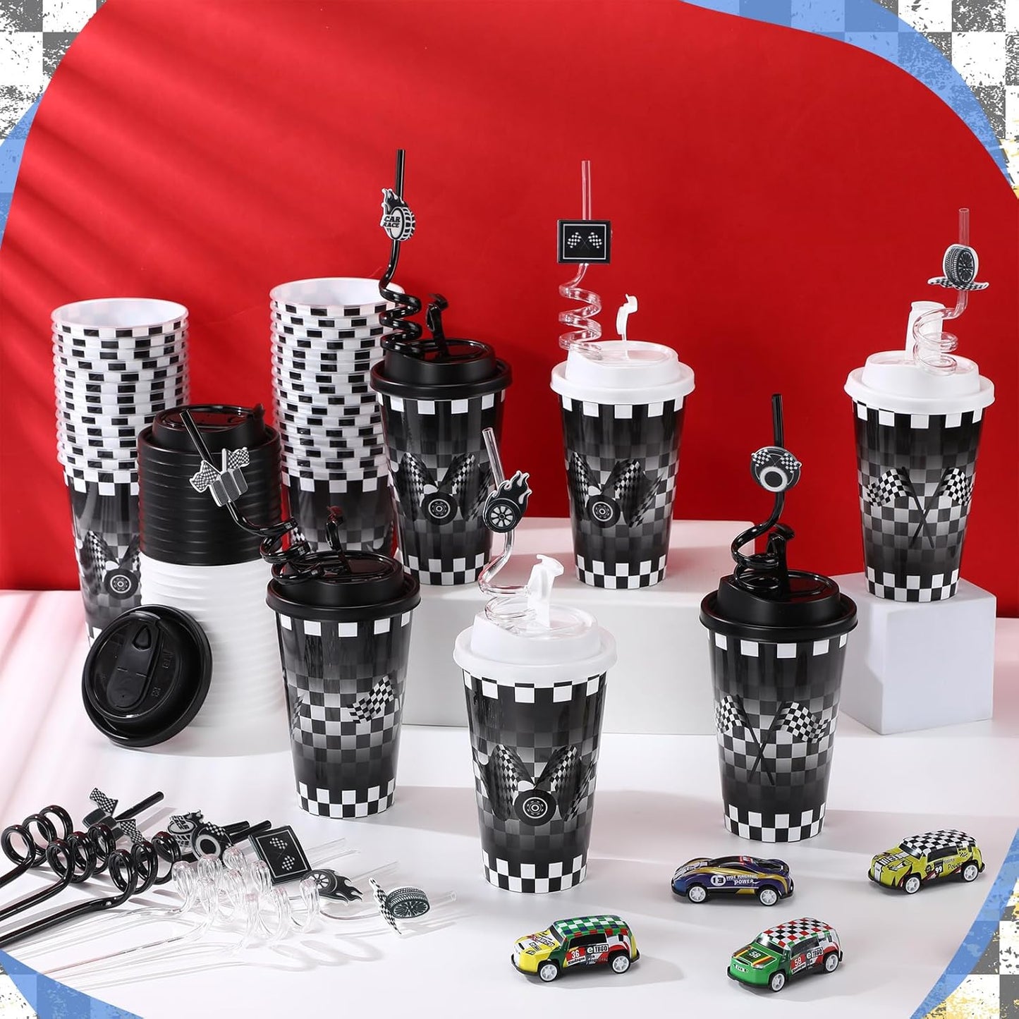 Yungyan 24 Sets Checkered Flag Party Favors Goodie Cups with Lids and Straws for Birthday Decorations Reusable 16oz Plastic Candy Cups Plastic Straws for Birthday Party (Checkered Flag)