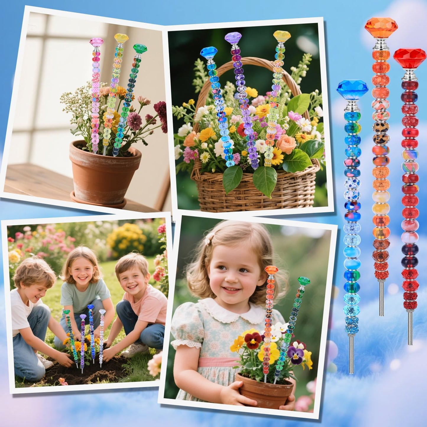 DIY Fairy Wand Garden Stake Beads Kits with Rainbow Colorful Assortment Large Hole Beads, Beaded Garden Stakes kit with Crystal Diamond Top (238Pcs Rainbow+Diamond)